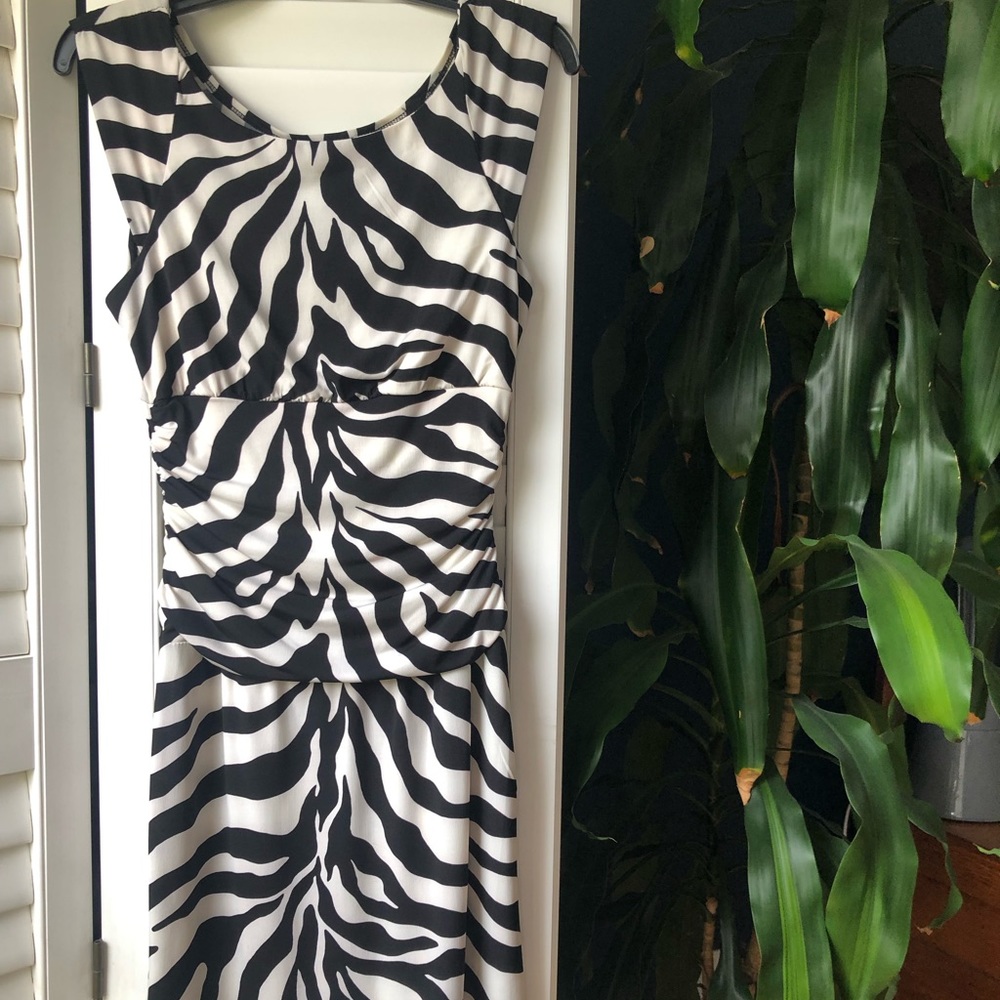 BISOU BISOU zebra dress Small snug but forgiving fit. Very comfortable.